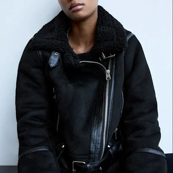 ZARA WOMEN BLACK DOUBLE FACED FAUX SUEDE MOTO JACKET SIZE XS NWT - Picture 4 of 12